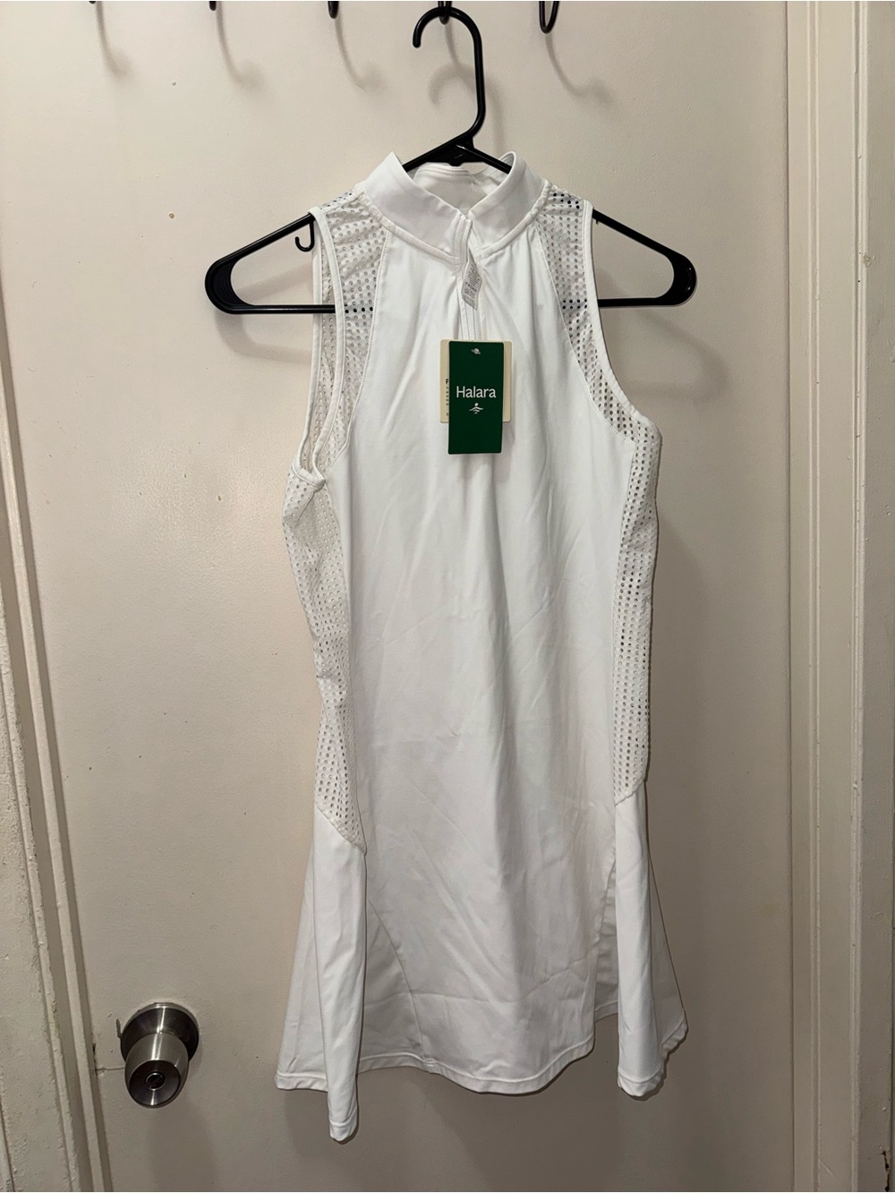 HALARA White Sleeveless High-Collar Mini Dress with Mesh Panels